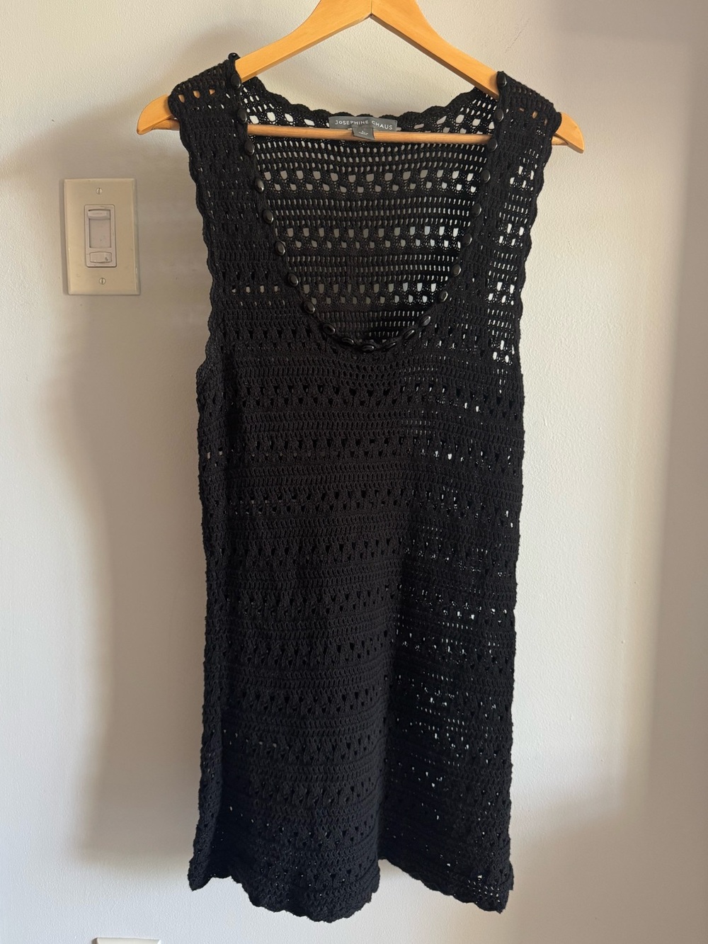 Vintage Y2K Josephine Chaus Black Cotton Crochet Embellished Tunic Tank Top Lrg